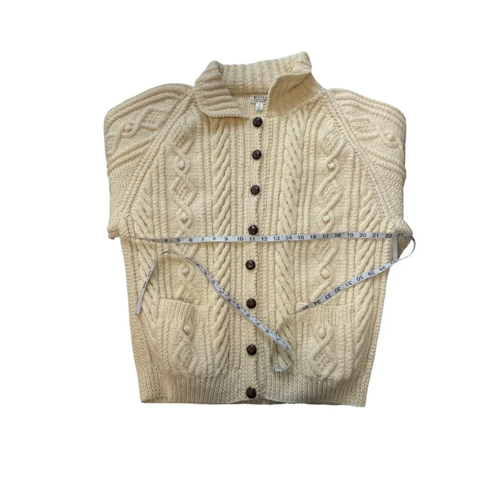 Cream Cable Knit Cardigan Sweater With Front Pockets & Button Closure By Jenners